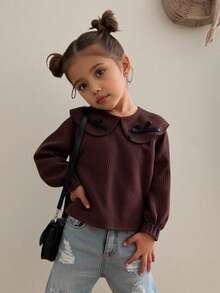 SHEIN Genkimix Kids 女童罗纹面料长袖 T 恤，蕾丝花边领口，舒适休闲优雅时尚，适合春、秋、冬 - 咖啡棕 - 查看 3