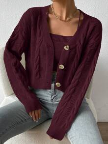 EMERY ROSE 2pcs/Set Solid Color Camisole And Button Front Long Sleeve Cardigan Sweater - Red Violet - View 6