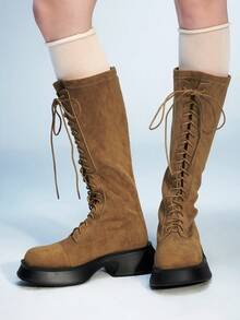 Sugerpunk 修身女式过膝长靴，厚底弹力紧身靴，高筒马靴 - 卡其色 - 查看 3