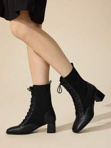 CUCCOO BASICS 女士尖头系带高跟中筒时尚靴，适合圣诞节穿着 - 黑色 - 查看 6