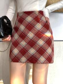 DAZY 女士格子迷你裙，休闲又青春 - 紅色 - 查看 3