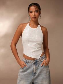 Glamine 女士性感不对称亮片圣诞吊带背心，闪亮上衣，适合夜店派对、节日派对服装 - 銀色 - 查看 5