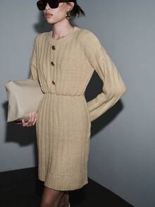 SHEIN Luminelle Women's Fashionable & Elegant Cable Knit Twist Rope Sweater Dress - Apricot - View 9