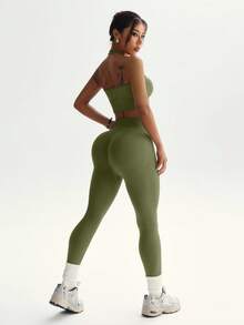 Dewbera Women's Halter Neck Sleeveless Top And High Waist Leggings Sports Suit Athletic Two Piece Set - Green - View 8