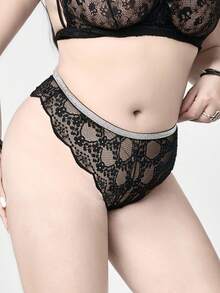 ROMWE Avant Plus Size Sexy Metallic Thread Contrast Color Lace Sheer Panties - Black - View 5