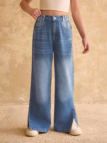 Quần Jeans Nữ Tuổi Teen, Màu Xanh Giặt Trung Bình, Phong Cách Đường Phố Thời Trang Du Lịch Thường Ngày Y2K, Thiết Kế 5 Túi Phù Hợp Với Cạp Thun Co Giãn, Viền Rách, Ống Thẳng Thoải Mái, Chất Liệu Denim Cotton Mềm Mại, Thích Hợp Mặc Hàng Ngày, Tiệc Tùng, Trường Học, Đi Làm, Hàng Mới Về Thu/Đông - Rửa trung bình - Xem 4