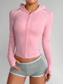 Sovereign Charm Women's Contrast Piping Zip-Up Hooded Fitted Cropped Athletic Jacket, Suitable For Fitness, Yoga, Running - Pink - View 5