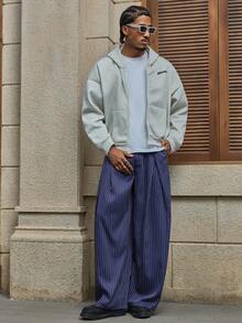 AXEPEAK Men's Casual Commuter Striped Wide Leg Pants - Navy Blue - View 6