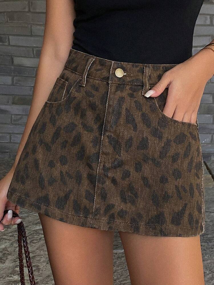Women's Summer Low Waist Super Short Leopard Print Casual Denim Mini Skirt