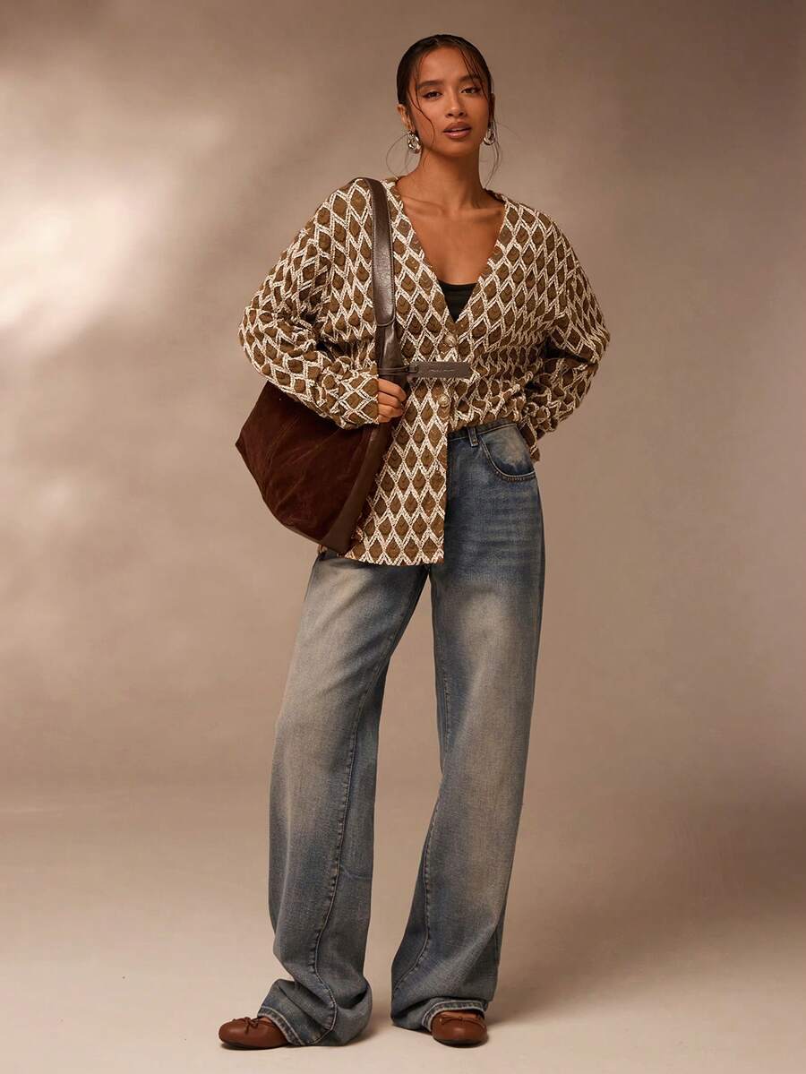 Glamine 女式时尚复古百搭V领纽扣长袖夹克 - 彩色 - 查看 1