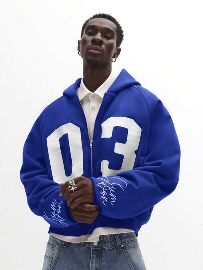 SUMWON Varsity Style Zip-Up Hoodie With Number 03 Print And Script Embroidery For Casual Streetwear