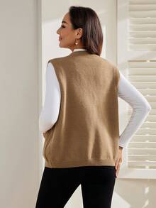 SHEIN 孕妇休闲花卉刺绣针织背心，秋季 - 摩卡棕 - 查看 2