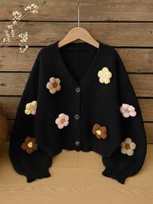 SHEIN Vintaside Kids 可爱彩色3D花卉杏色开衫毛衣，适合青少年女孩秋冬 - 黑色 - 查看 7