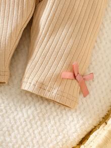 SHEIN Newborn Soft Cotton Crew Neck Bowknot Long Sleeve Top And Pants Set, Comfortable And Cozy For Autumn/Winter - Khaki - View 6