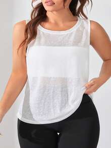 SHEIN Sports 大码女式纯色圆领宽松运动背心 - 白色 - 查看 3