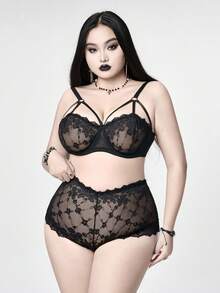 ROMWE Plus Size Gothic Lace Sheer Underwire Lingerie Set - Black - View 5