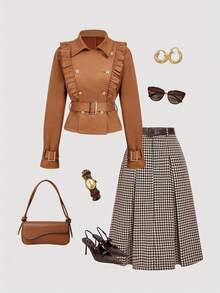 SHEIN MOD Abrigo de trinchera de mujer con cuello con solapas, volantes decorativos y cinturón de doble botonadura, estilo vintage de moda callejera de otoño