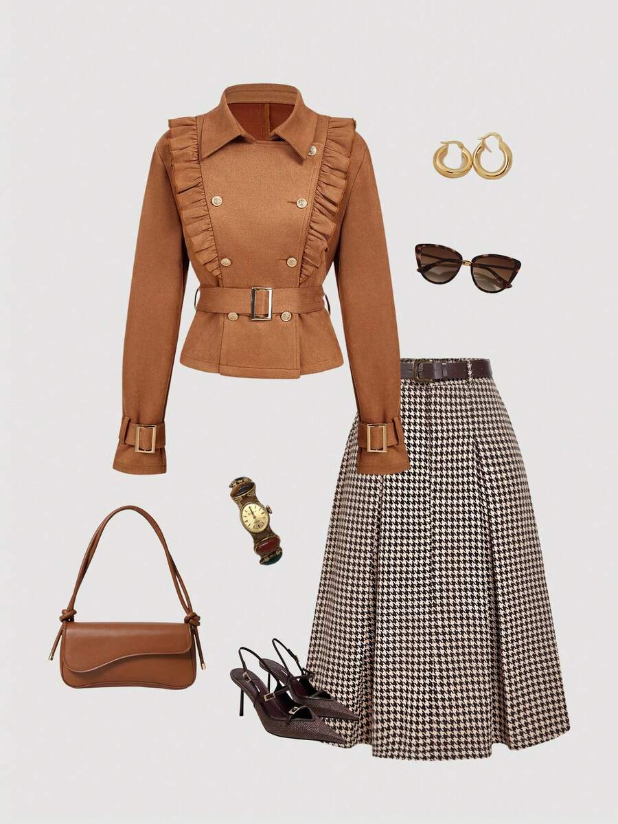 SHEIN MOD Abrigo de trinchera de mujer con cuello con solapas, volantes decorativos y cinturón de doble botonadura, estilo vintage de moda callejera de otoño