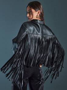 Denimoi Faux Leather Fringe Detail Jacket Western Fashion Cowgirl Nashville Fall And Winter - Black - View 1