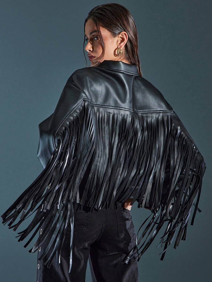 Denimoi Faux Leather Fringe Detail Jacket Western Fashion Cowgirl Nashville Fall And Winter - Black - View 1