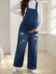 SHEIN Pregnant Women Pocket Design Distressed Wide Leg Loose Casual Denim Jumpsuit