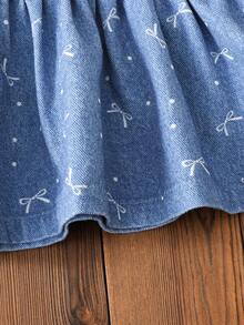 2pcs Baby Girls' Casual Cute Blue Bow Denim Effect Ruffle Collar & Hem 2 Pieces Set - Blue - View 6