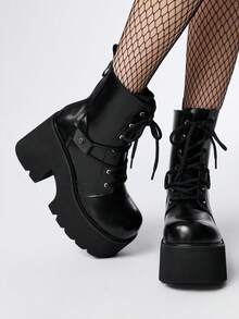 ROMWE Grunge Punk Ghete de damă cu talpă groasă și platformă, la modă, confortabile, cu șireturi și fermoar, pentru naveta - Negru - Vizualizare 1