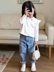 SHEIN 嬰兒女童簡約星紋繡花襯衫牛仔褲套裝，秋季