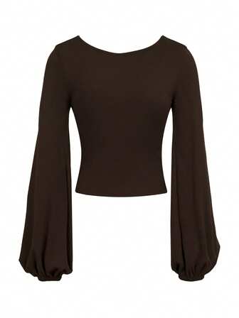 Cévolie 女式咖啡棕色纯色性感修身方领灯笼袖上衣