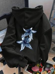 SHEIN Explorewe 返校季少女休闲蓝色碎花印花卫衣，保暖舒适，适合秋冬季穿着 - 黑色 - 查看 3