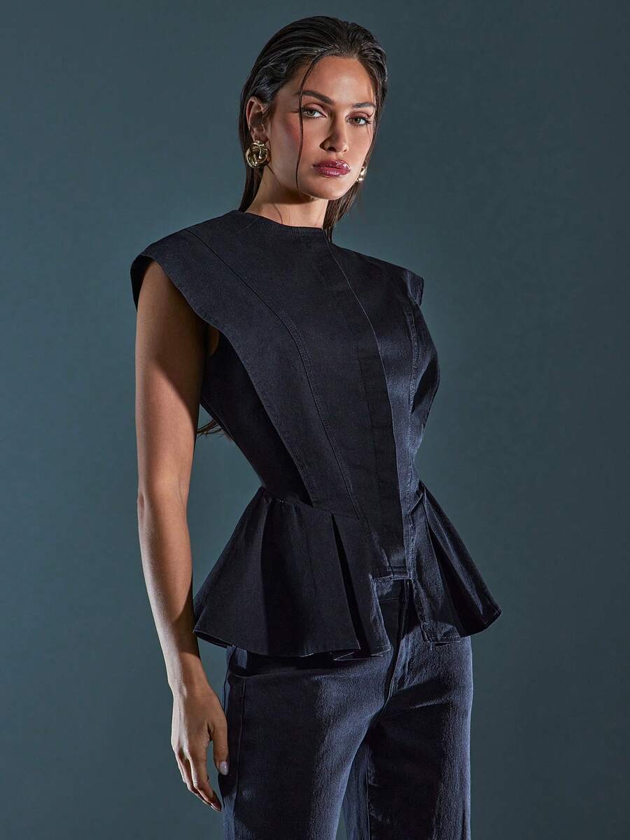 Denimoi 无袖纽扣式褶皱下摆牛仔上衣 - 黑色 - 查看 1