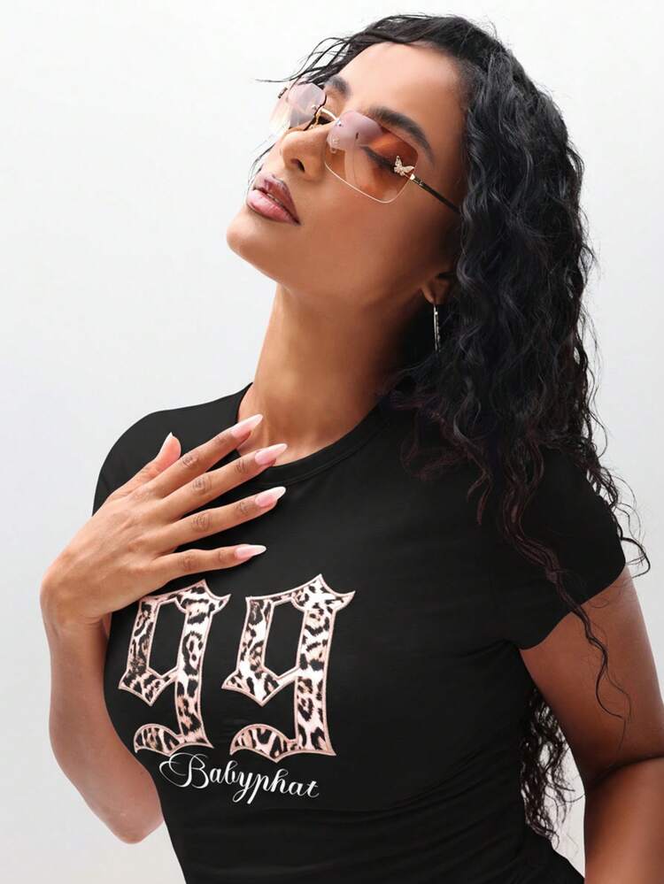 BABYPHAT Graphic Baby Tee Cropped Short Sleeve Round Neck Fitted Top With Animal Print Numbers