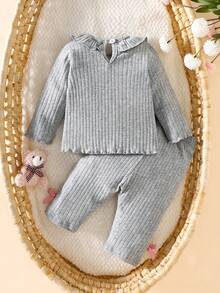 SHEIN 新生儿柔软棉质圆领蝴蝶结长袖上衣和裤子套装，舒适温馨，适合秋冬季 - 灰色 - 查看 3