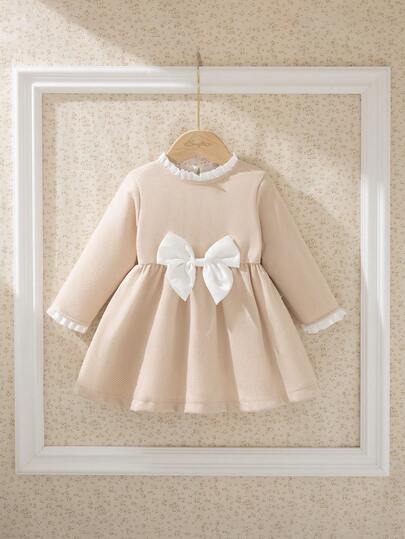 Souflis Souflis 2025 Autumn/Winter New Elegant French Retro Style Beige Long Sleeve Dress, Suitable For Outings, School, Gatherings, Parties And Other Occasions, Baby Girl Dress Baby Girl Bow Dress Beige Toddler Dress Beige Dresses For Baby Girls Baby Girls Champagne Dress