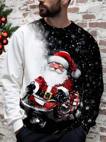 Manfinity Homme 男士宽松圣诞老人印花圆领运动衫，秋季 - 白色 - 查看 1