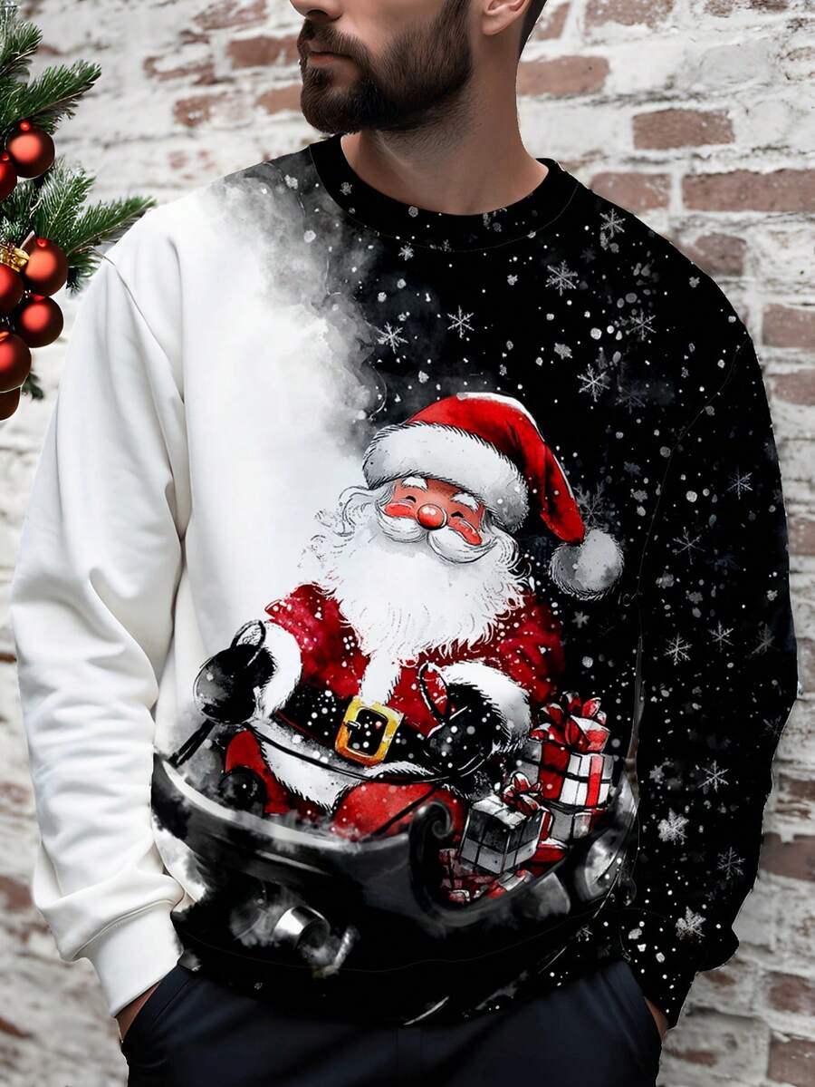 Manfinity Homme 男士宽松圣诞老人印花圆领运动衫，秋季 - 白色 - 查看 1