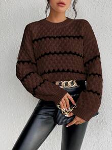 SHEIN LUNE Striped Pattern Contrast Color Crew Neck Casual Long Sleeve Pullover Sweater - Coffee Brown - View 4