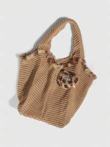 ROMWE Fairycore 1pc Sweet And Cool Khaki Leopard Print Edge Knitted Bag, A Punk Rivet Heart Decoration Shoulder Bag, Autumn And Winter Campus Style Tote Bag, Large Capacity - shallow khaki - View 5