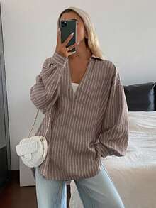 DAZY Women's Loose Casual Striped Shirt, Autumn/Winter - Khaki - View 5