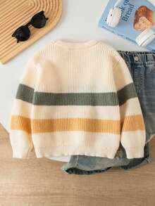 SHEIN Playful Pals 男童粗条纹针织毛衣，长袖，秋冬 - 杏色 - 查看 2