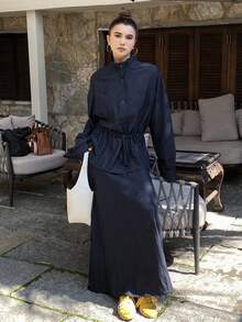 DAZY Women's Stand Collar Cinched Waist Waist Top And Long Skirt Casual 2 Pieces Set - Navy Blue - View 4