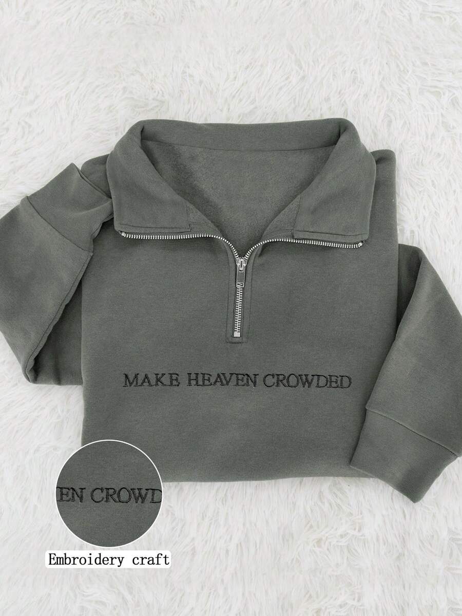 INAWLY 1/4 Zip Embroidered "Make Heaven Crowded" Sweatshirt - Faith Sweater - Faith-Based Women's Sweater - Gift For Her - Christian Hymn - Grey - View 1