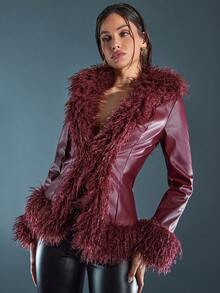 Denimoi Faux Fur Trim Faux Leather Jacket Fashionable Jacket Cold Weather Fur Coat Fur Jacket Sexy GNO Date Night Aspen Outfits Snow Outfits New York Winter Outfits - Red Violet - View 3