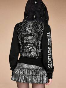 ROMWE Grunge Punk Y2K Kpop 原宿亚文化翅膀刺绣修身拉链卫衣（女款）