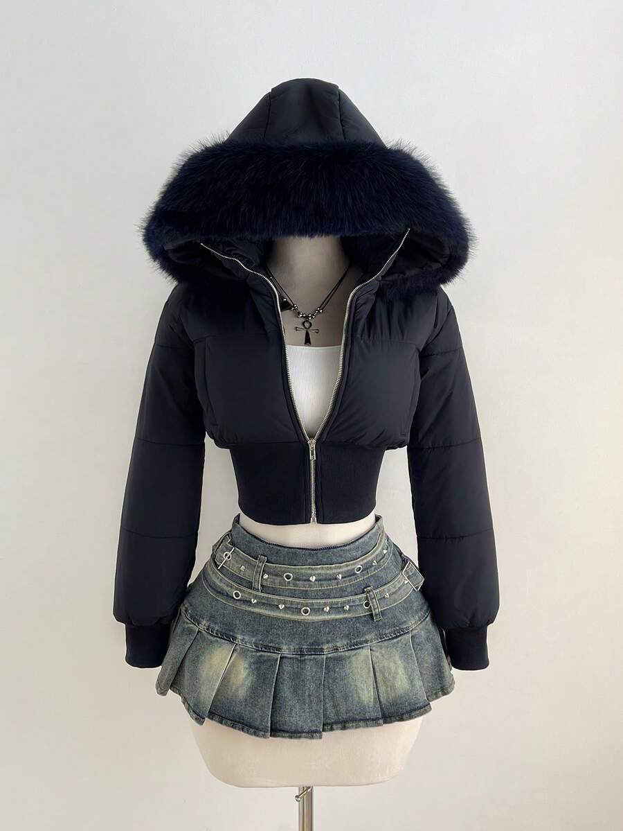 Elamini 女士时尚杏色拼接短款皮草连帽收腰立领长袖短款棉服外套，适合秋冬季 - 藏蓝色 - 查看 1