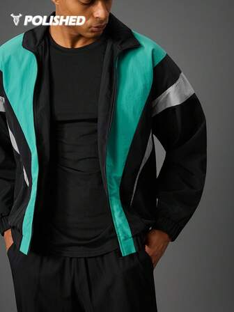 Manfinity Sport Polished Men's Patchwork Stand Collar Multi-Color Design Zipper Front Jacket, Versatile Outerwear For Autumn/Winter Athletic Jacket Jacket Gym Fitness Jacket Workout Jacket Men Activewear