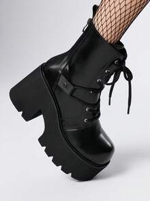 ROMWE Grunge Punk Ghete de damă cu talpă groasă și platformă, la modă, confortabile, cu șireturi și fermoar, pentru naveta - Negru - Vizualizare 4