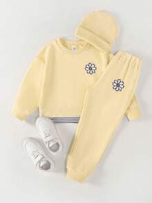 2pcs/Set Girls Embroidered Floral Casual Hooded Sweatshirt - Yellow - View 1