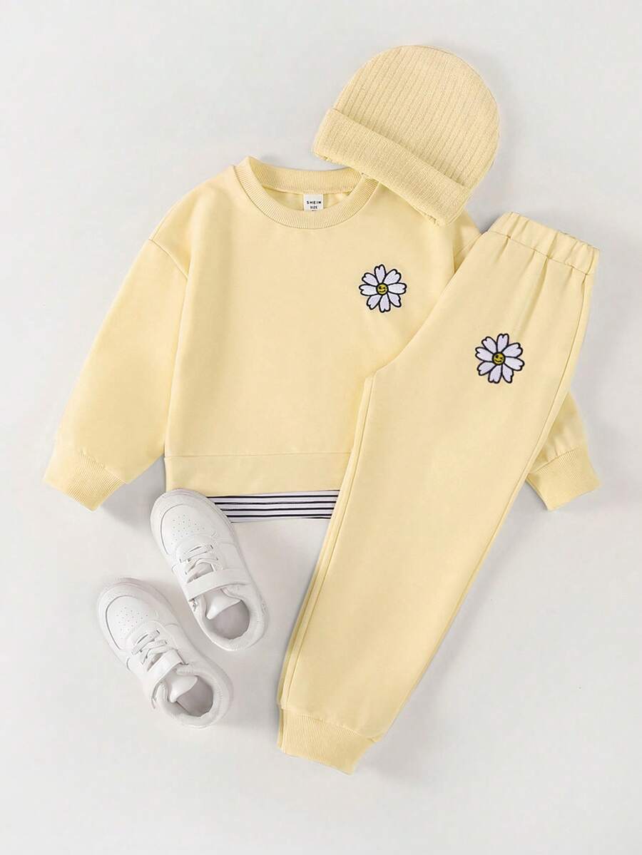 2pcs/Set Girls Embroidered Floral Casual Hooded Sweatshirt - Yellow - View 1