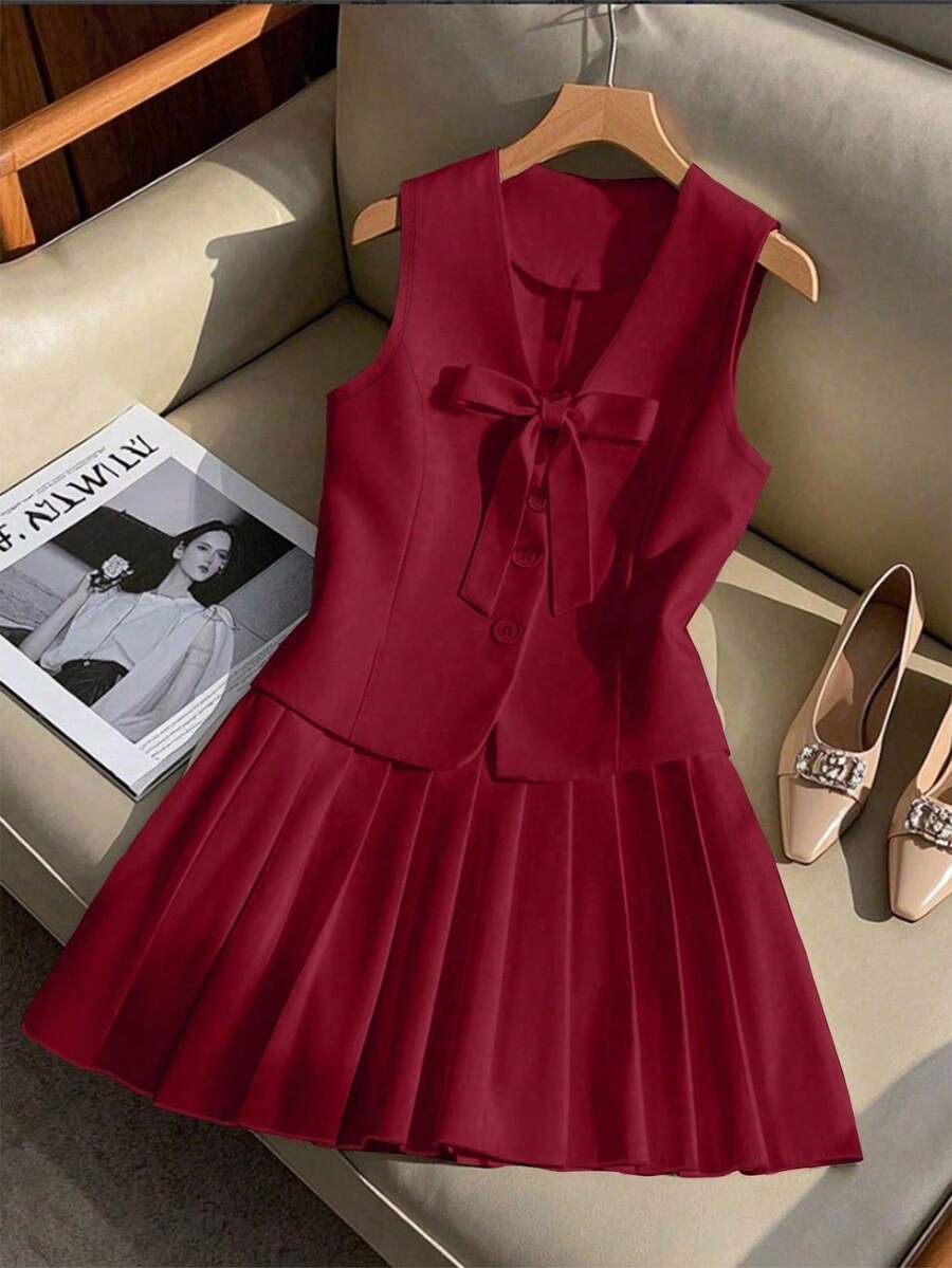 SHEIN Clasi Summer New Elegant Casual Fashion Bowknot Sleeveless Shirt & Pleated Short Skirt 2 Pieces Set For Women - Burgundy - View 1